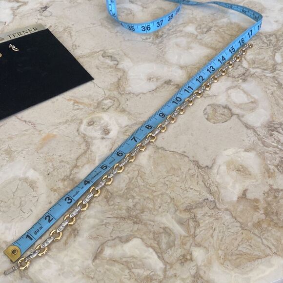 NEW! Bijoux Terner Two Tone Silver & Gold Tone Choker & Earrings Set 4 CZ Stones - Picture 7 of 7